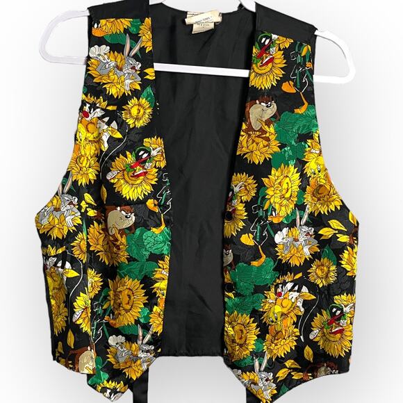 Looney Tunes 90s Vest Womens M Black Sunflower Satin VTG Tweety Taz Bugs Bunny - Picture 10 of 15